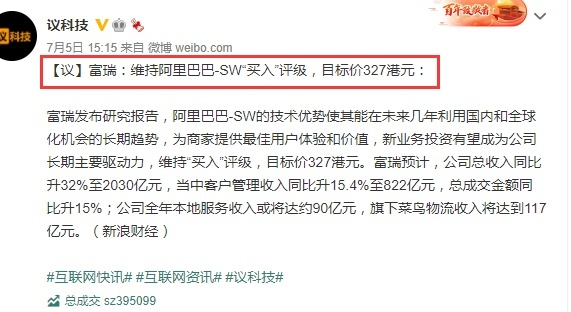 匯豐維持阿里巴巴-SW[買入]評級目標價降至263港元